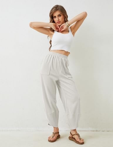 Himosyber Women Cotton Pants Wide Leg Pants Casual Loose Baggy Elastic Waist Beach Palazzo Harem Pants (White-M) - Image 2