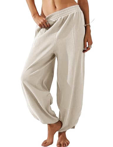 Himosyber Women Cotton Pants Wide Leg Pants Casual Loose Baggy Elastic Waist Beach Palazzo Harem Pants (White-M) - Image 1