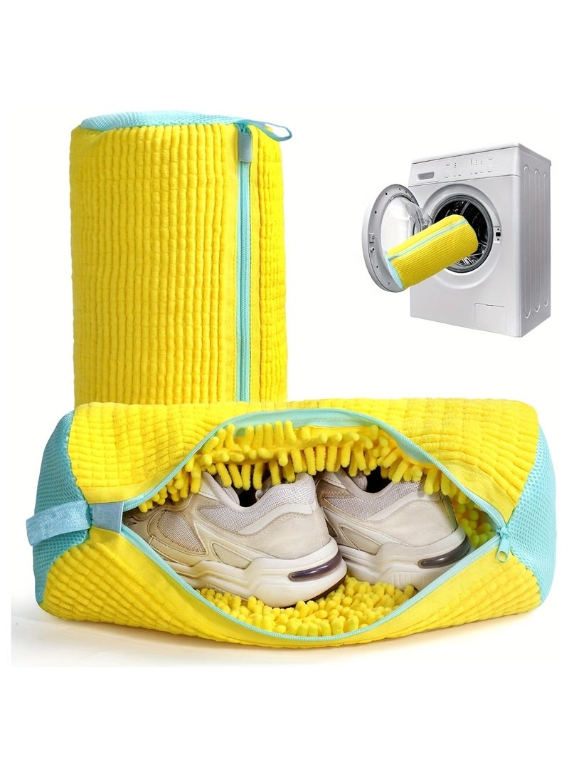 حقيبة غسيل أحذية من الألياف الناعمة بزاوية 360 درجة - حقيبة غسيل متينة قابلة لإعادة الاستخدام وقابلة للغسل في الغسالة بسحاب إغلاق، مصنوعة من قماش الشنيل المقاوم للبهتان والألوان الثابتة، مناسبة للأح - Image 1