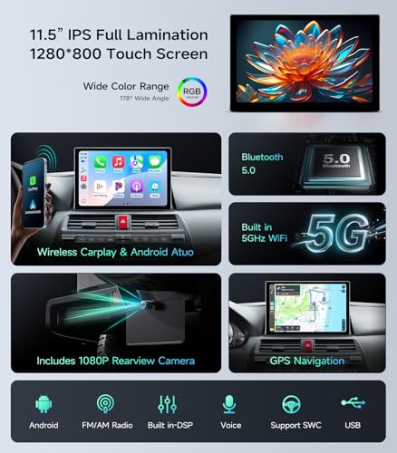 AINAVIGO 11.5" Car Radio for Honda Accord 2008-2013 - Wireless CarPlay & Android Auto | 5G WiFi Touchscreen Stereo | GPS Navigation | Bluetooth FM/AM | HD Backup Camera | Steering Wheel Control - Image 5