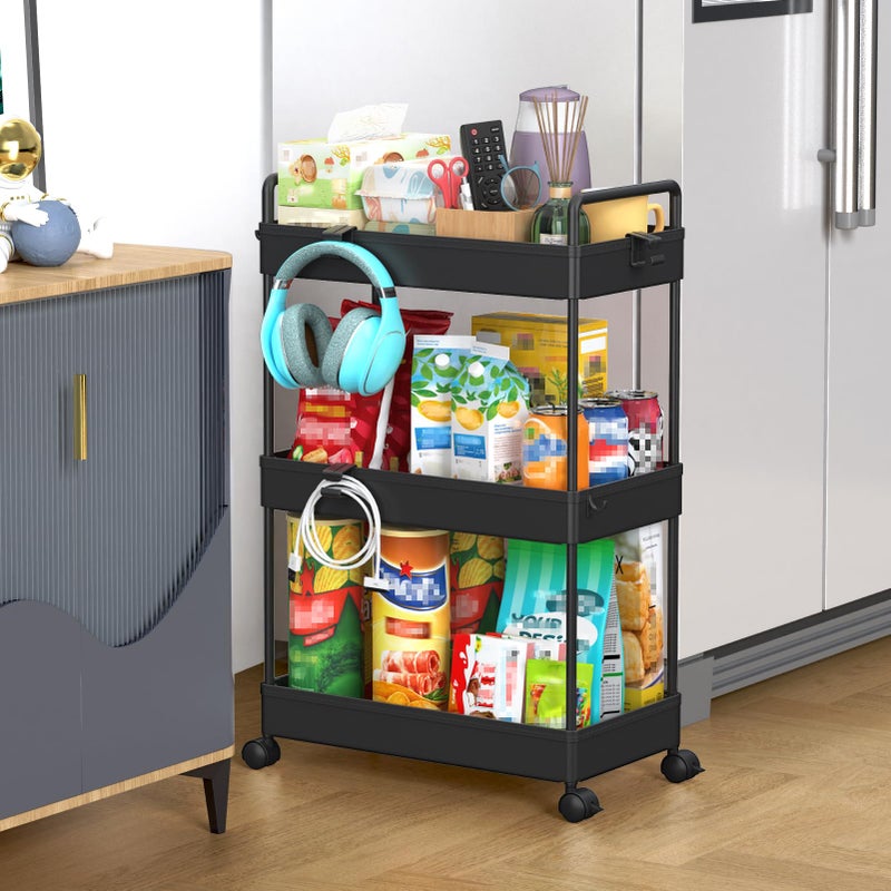SOLEJAZZ 3 Tier Rolling Storage Cart with Wheels Slim Craft Nail Makeup Snack Art Baby Utility Cart Organizer on 2 Lockable Wheels for Bathroom Laundry Room Kitchen Bedside Narrow Spaces Black