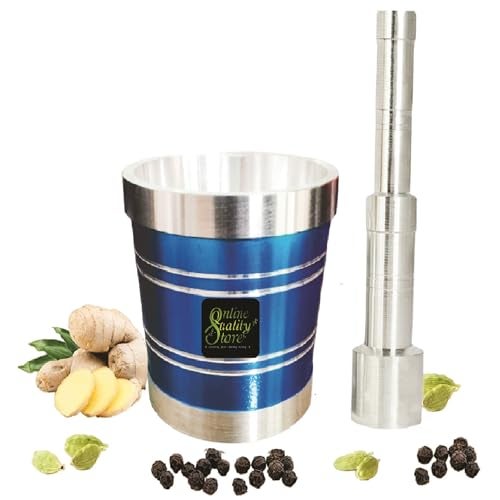 Online Quality Store Aluminium Blue Khal Batta/Mortar & Pestle/Imam Okhli/Musal/Kitchen Masher/Aluminium Masher/Khallad/Mam Dasta/Spice Mixer Heavy for Use in Home and Kitchen - Image 3