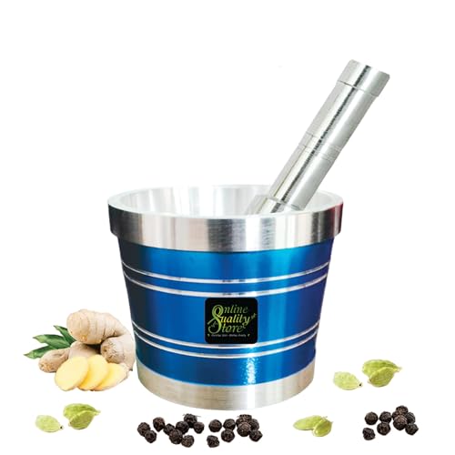 Online Quality Store Aluminium Blue Khal Batta/Mortar & Pestle/Imam Okhli/Musal/Kitchen Masher/Aluminium Masher/Khallad/Mam Dasta/Spice Mixer Heavy for Use in Home and Kitchen - Image 4