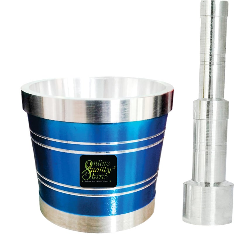Online Quality Store Aluminium Blue Khal Batta/Mortar & Pestle/Imam Okhli/Musal/Kitchen Masher/Aluminium Masher/Khallad/Mam Dasta/Spice Mixer Heavy for Use in Home and Kitchen - Image 1