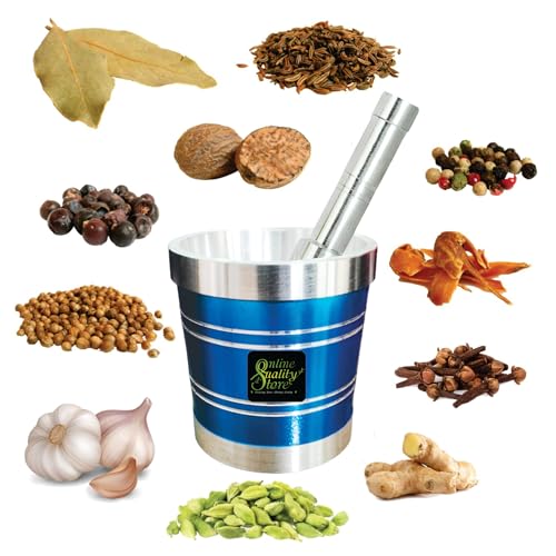 Online Quality Store Aluminium Blue Khal Batta/Mortar & Pestle/Imam Okhli/Musal/Kitchen Masher/Aluminium Masher/Khallad/Mam Dasta/Spice Mixer Heavy for Use in Home and Kitchen - Image 2