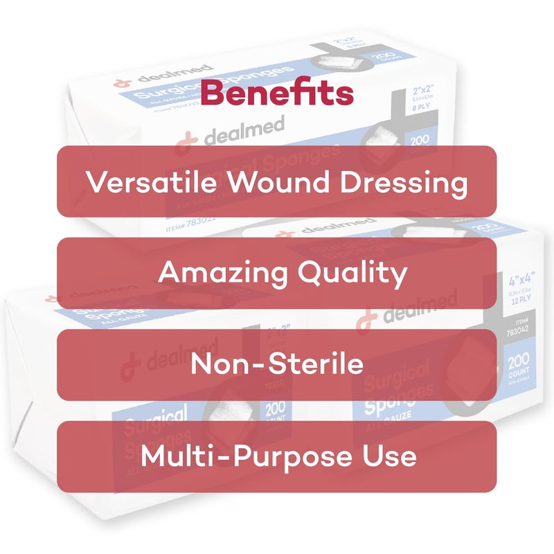 Dealmed 4" x 4" Surgical Sponges, 8-Ply, Non-Woven Absorbent Gauze Sponges for Wound Care, First Aid Kits and Medical Facilities, 200 Count (Pack of 1) - Image 3