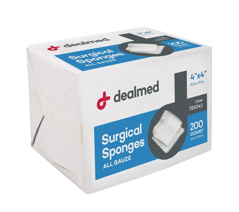 Dealmed 4" x 4" Surgical Sponges, 8-Ply, Non-Woven Absorbent Gauze Sponges for Wound Care, First Aid Kits and Medical Facilities, 200 Count (Pack of 1) - Image 1