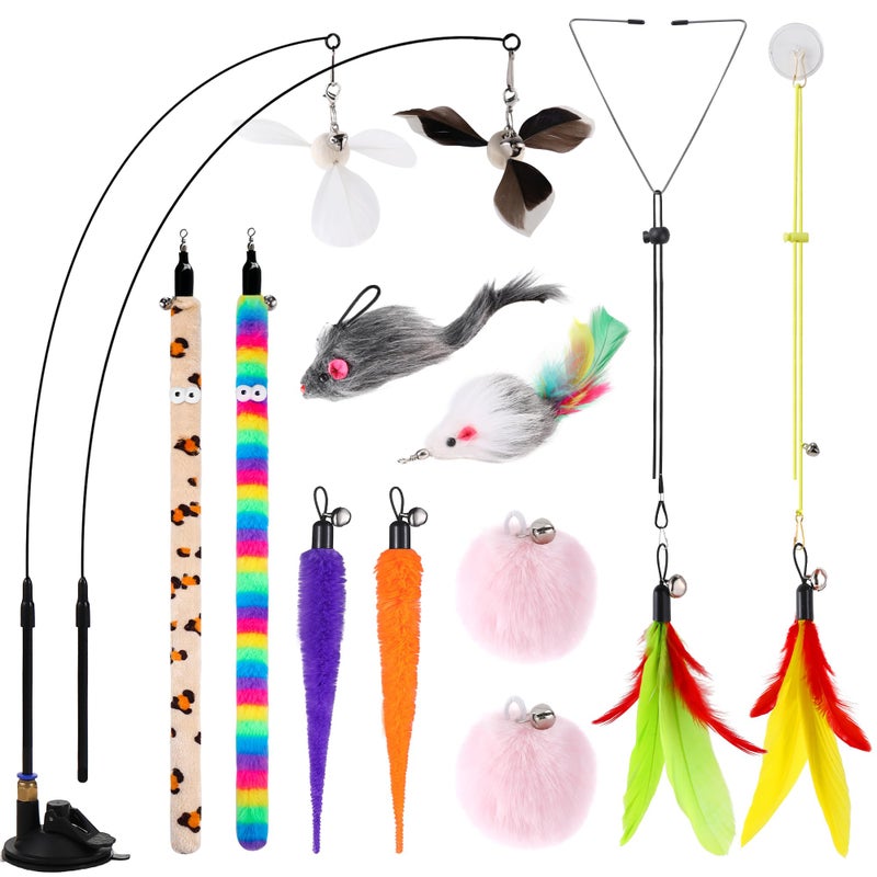 Soarer 4-in-1 Interactive Cat Feather Toys,12Pcs Durable Fishing Pole Cats Feathers Toy Replacements,Enhanced Suction Cup Cats Wand Toy,2 Types Door Hanging Cat String Toys for Indoor Kitten - Image 1
