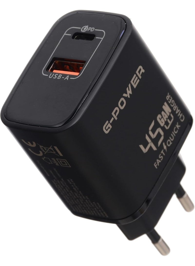جي باور شاحن جي-باور GP-C14 بقوة 45 واط بمنفذي USB (USB-A وUSB-C) يدعم تقنية الشحن السريع كوالكوم 3.0، متوافق مع أجهزة ماك بوك برو، وآيباد، وجالاكسي، وبيكسل، وآيفون، وغيرها - أسود - Image 1