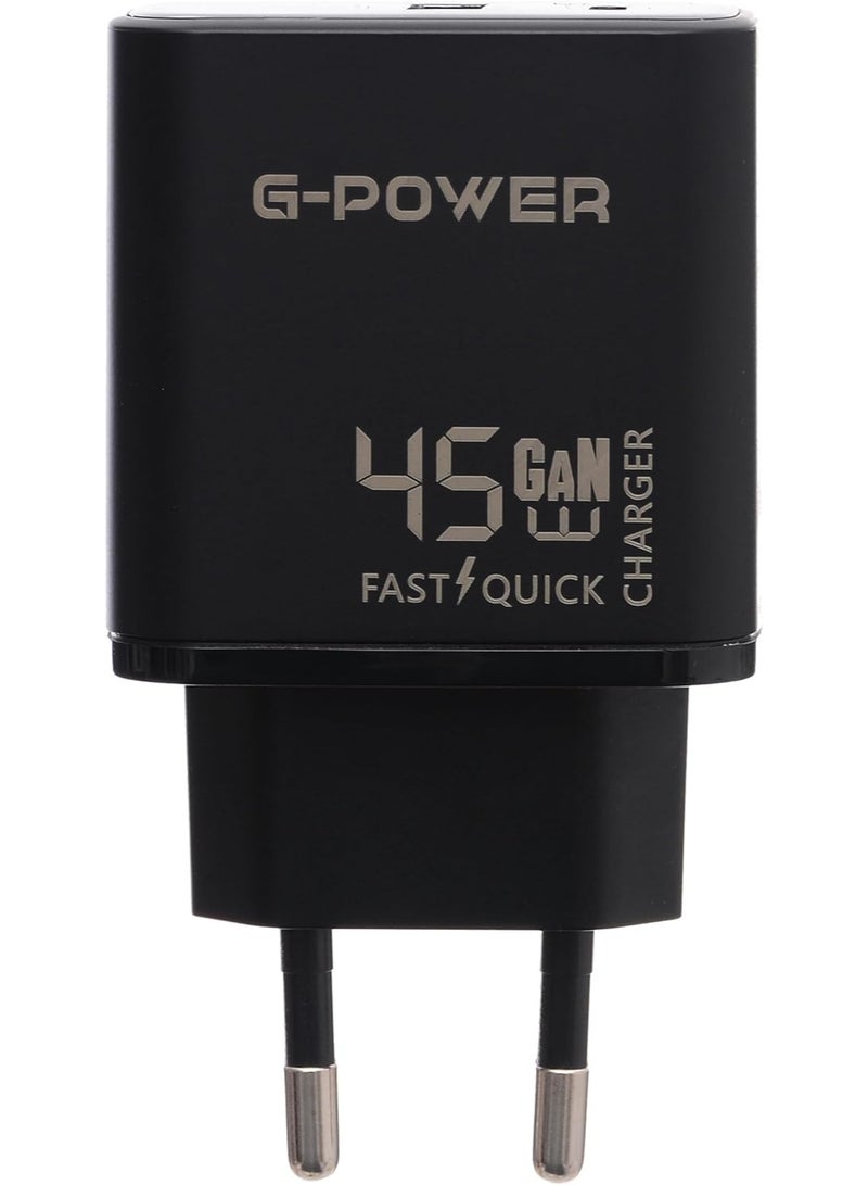 جي باور شاحن جي-باور GP-C14 بقوة 45 واط بمنفذي USB (USB-A وUSB-C) يدعم تقنية الشحن السريع كوالكوم 3.0، متوافق مع أجهزة ماك بوك برو، وآيباد، وجالاكسي، وبيكسل، وآيفون، وغيرها - أسود - Image 2