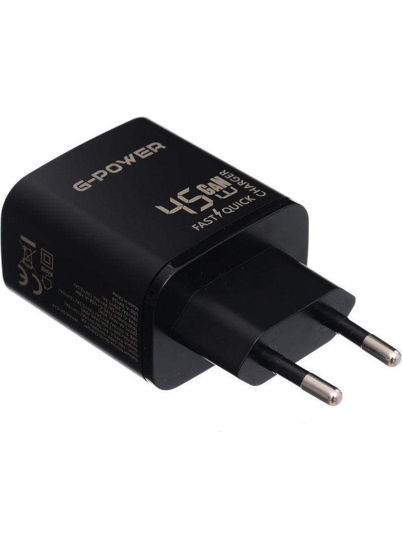 جي باور شاحن جي-باور GP-C14 بقوة 45 واط بمنفذي USB (USB-A وUSB-C) يدعم تقنية الشحن السريع كوالكوم 3.0، متوافق مع أجهزة ماك بوك برو، وآيباد، وجالاكسي، وبيكسل، وآيفون، وغيرها - أسود - Image 3