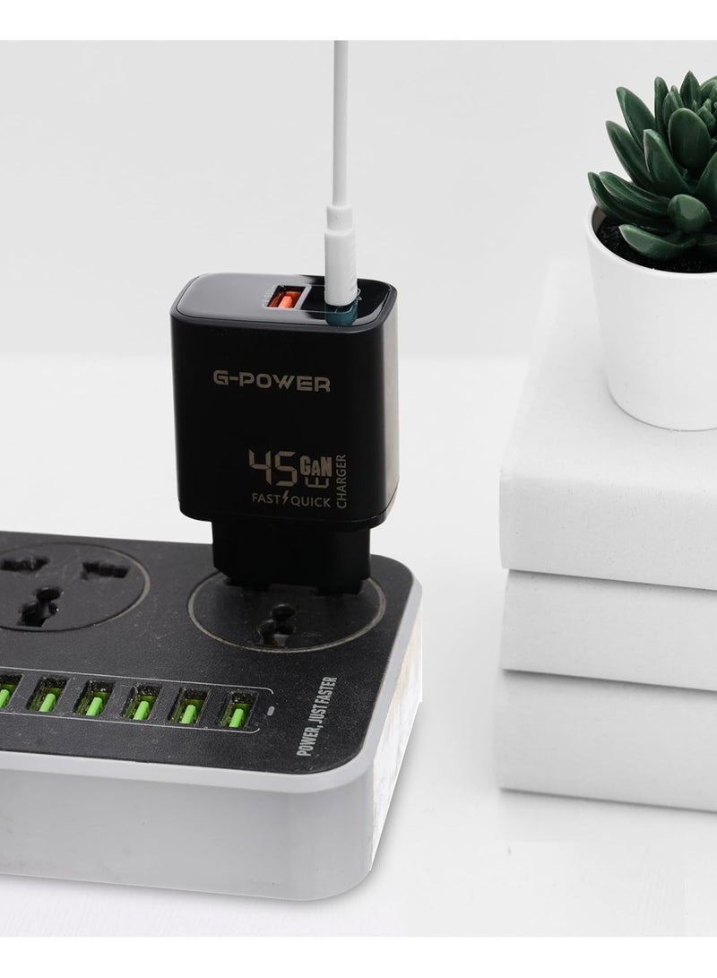 جي باور شاحن جي-باور GP-C14 بقوة 45 واط بمنفذي USB (USB-A وUSB-C) يدعم تقنية الشحن السريع كوالكوم 3.0، متوافق مع أجهزة ماك بوك برو، وآيباد، وجالاكسي، وبيكسل، وآيفون، وغيرها - أسود - Image 5