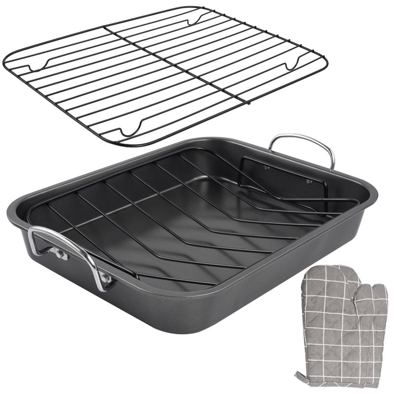 kitCom Kitcom Nonstick Roasting Pan with Rack 16 Inch x 115 Inch Rectangular Roaster Set for Roasting Turkey Chicken Meat and Veggies Gray