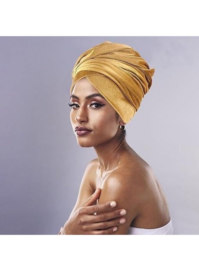 Luckam Headwraps for Women, Extra Long Velvet Tube Hair Scarf Turban, Luxury Pleated Headscarf Tied Coverings Large Scarves, Stretch Headbands Caps Hijab, 66 Inches, Gold - Image 3