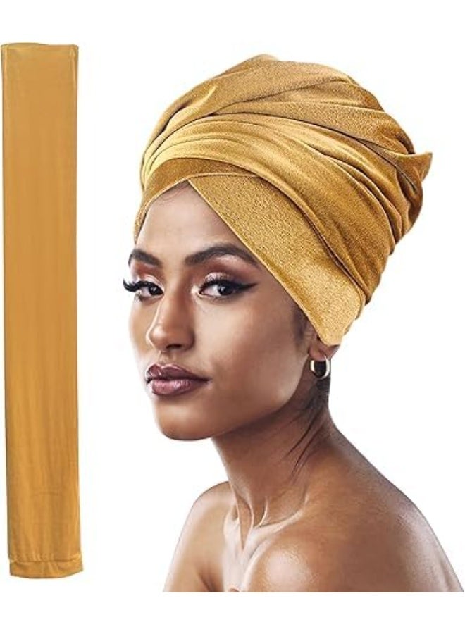 Luckam Headwraps for Women, Extra Long Velvet Tube Hair Scarf Turban, Luxury Pleated Headscarf Tied Coverings Large Scarves, Stretch Headbands Caps Hijab, 66 Inches, Gold - Image 1