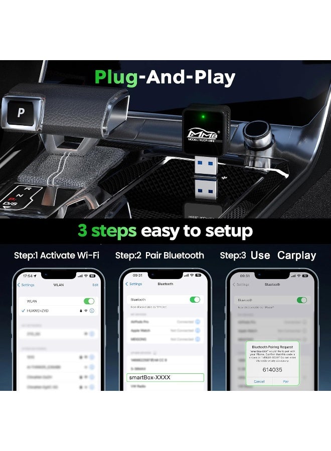 MMBABY MMB Mini Wireless Carplay Adapter, 2024 Upgraded for Apple, Plug & Play, Smallest, Fastest for Converting OEM Wired to Wireless Carplay, Compatible With 2017+ Car Models - Image 3