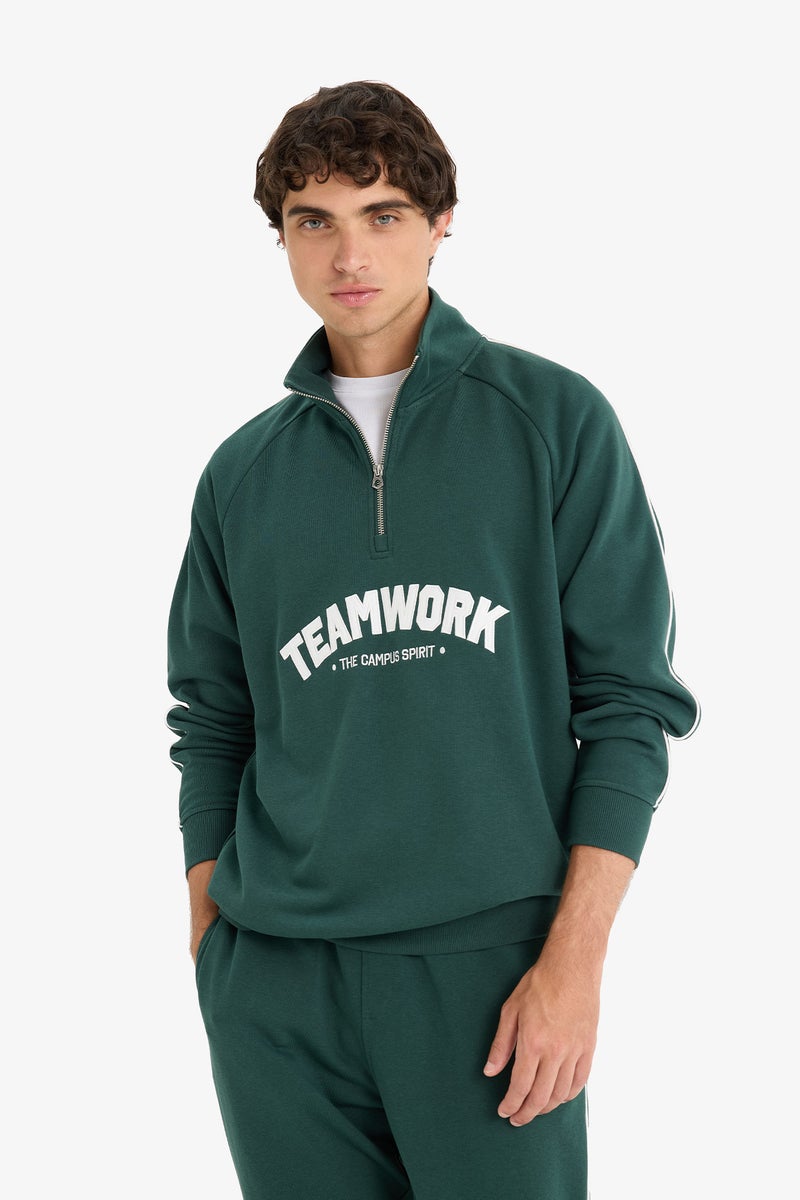 DeFacto Green Man Boxy Fit Stand Collar Zippered Printed Sweatshirt Casual - Image 4
