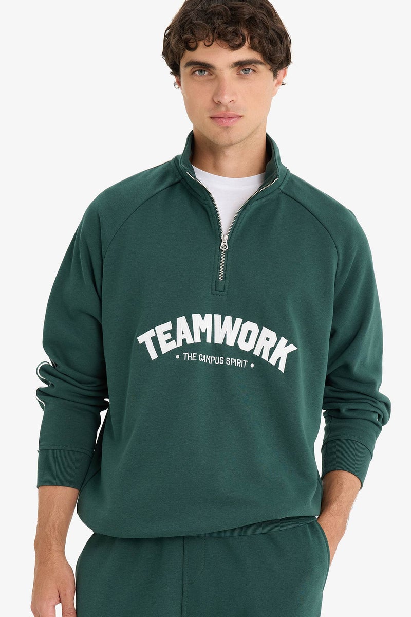 DeFacto Green Man Boxy Fit Stand Collar Zippered Printed Sweatshirt Casual - Image 1
