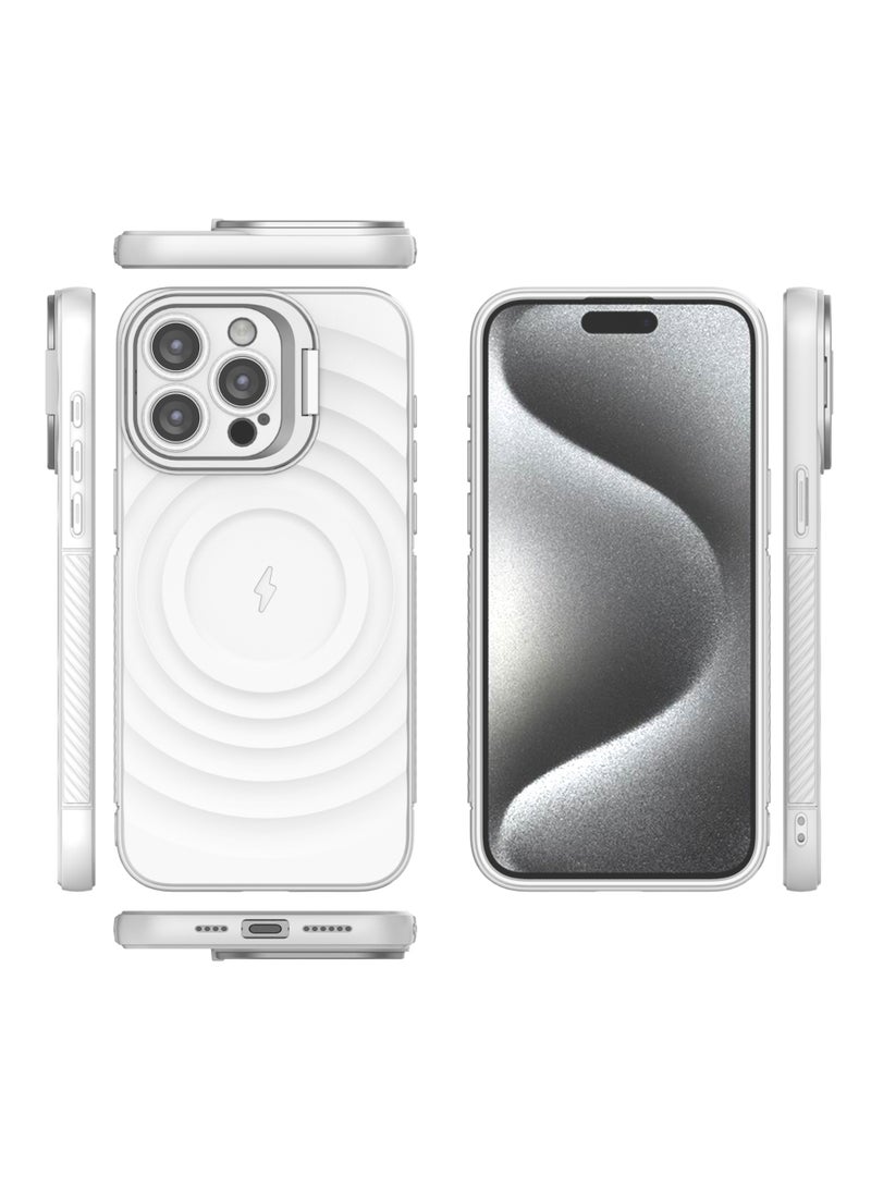 غطاء حمايه لهاتف ايفون 15 برو ماكس جراب ارمور مغناطيسي ياتي بحواف مرتفعة حول الشاشة وعدسة الكاميرا تساعد على منع الخدوش معا استاند للكاميرا - ابيض - Image 3