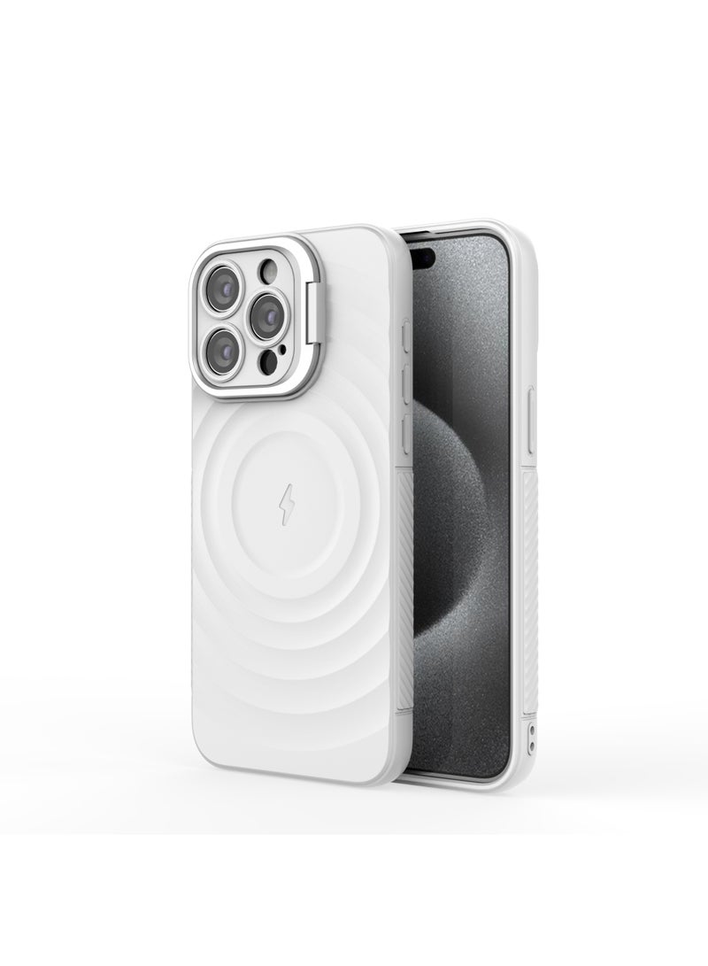 غطاء حمايه لهاتف ايفون 15 برو ماكس جراب ارمور مغناطيسي ياتي بحواف مرتفعة حول الشاشة وعدسة الكاميرا تساعد على منع الخدوش معا استاند للكاميرا - ابيض - Image 4