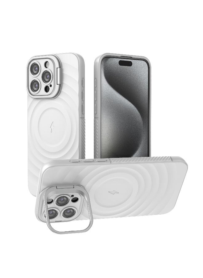 غطاء حمايه لهاتف ايفون 15 برو ماكس جراب ارمور مغناطيسي ياتي بحواف مرتفعة حول الشاشة وعدسة الكاميرا تساعد على منع الخدوش معا استاند للكاميرا - ابيض - Image 1