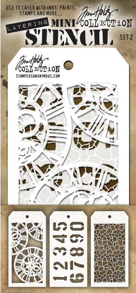 Tim Holtz - Nine Mini Layering Stencils - Industrial, Gears, Plus, Clockwork, Numbered, Crackle, Typo, Splatters and Bricked - aka sets 1, 2 & 3 - Image 2
