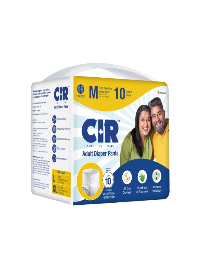 CIR Adult Diaper Pants Style | Adult Diaper Medium Size (M)|Waist (75-100 cm|30”- 40”) |10 hr Absorption-Protection | Unisex with Wetness Indicator | Odour Control | Goodness of Aloe Vera | 10 Units