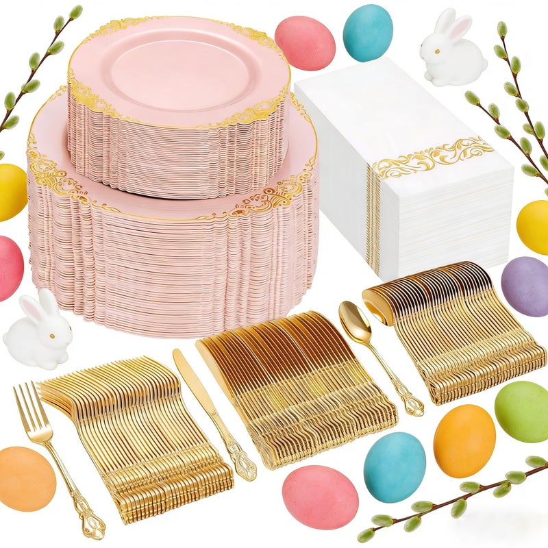 Ciaell 300PCS Pink and Gold Plastic Plates - Pink Disposable Dinnerware Sets for 50 Guests - 100 Plates, 50 Knives, 50 Forks, 50 Spoons, and 50 Napkins for Wedding, Party & Easter - Image 1