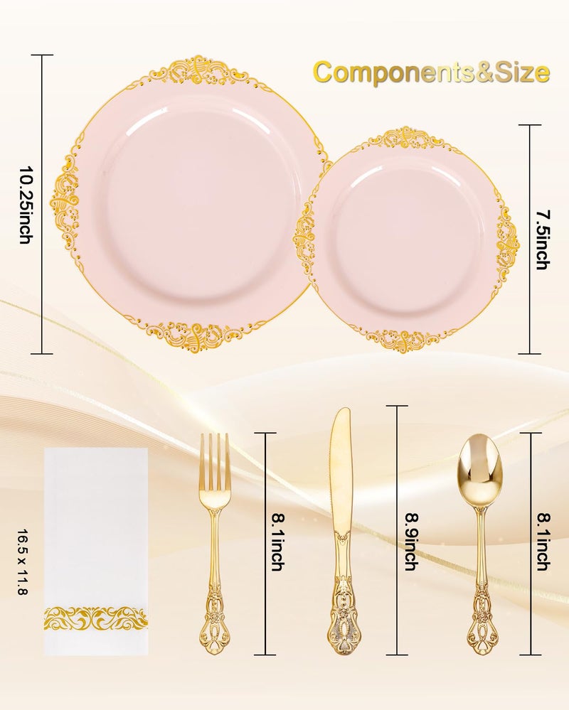 Ciaell 300PCS Pink and Gold Plastic Plates - Pink Disposable Dinnerware Sets for 50 Guests - 100 Plates, 50 Knives, 50 Forks, 50 Spoons, and 50 Napkins for Wedding, Party & Easter - Image 2