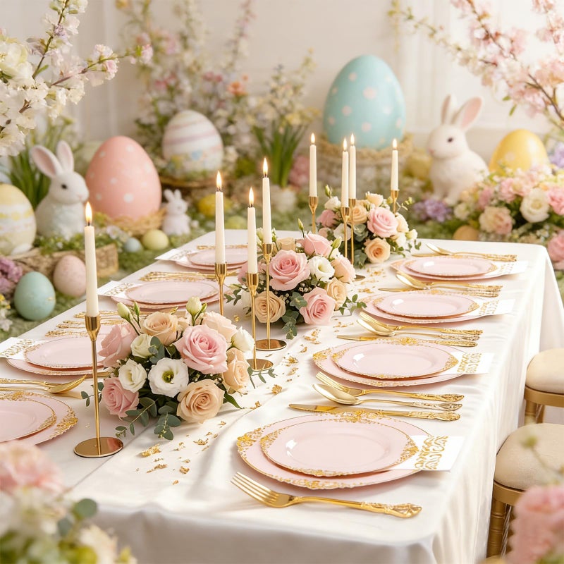 Ciaell 300PCS Pink and Gold Plastic Plates - Pink Disposable Dinnerware Sets for 50 Guests - 100 Plates, 50 Knives, 50 Forks, 50 Spoons, and 50 Napkins for Wedding, Party & Easter - Image 4