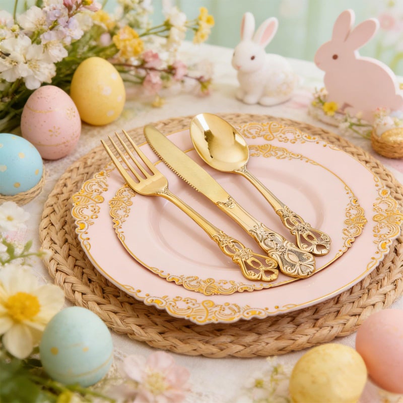 Ciaell 300PCS Pink and Gold Plastic Plates - Pink Disposable Dinnerware Sets for 50 Guests - 100 Plates, 50 Knives, 50 Forks, 50 Spoons, and 50 Napkins for Wedding, Party & Easter - Image 5