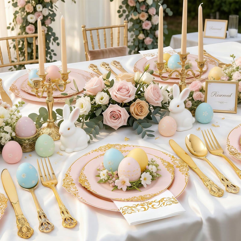 Ciaell 300PCS Pink and Gold Plastic Plates - Pink Disposable Dinnerware Sets for 50 Guests - 100 Plates, 50 Knives, 50 Forks, 50 Spoons, and 50 Napkins for Wedding, Party & Easter - Image 3