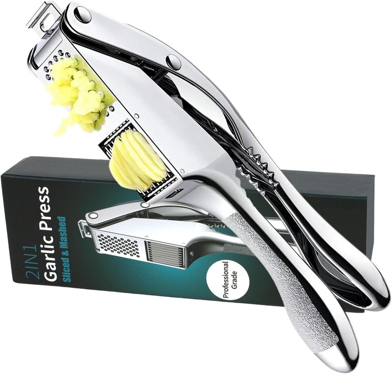 MULIRE Garlic press 2 in 1 Garlic Press Stainless Steel,Effortlessly Crush, Slice, and Mince Garlic,with this Versatile Kitchen Tool - Perfect for Home Cooks and Professional Chefs Alike. (Silvery) - Image 1