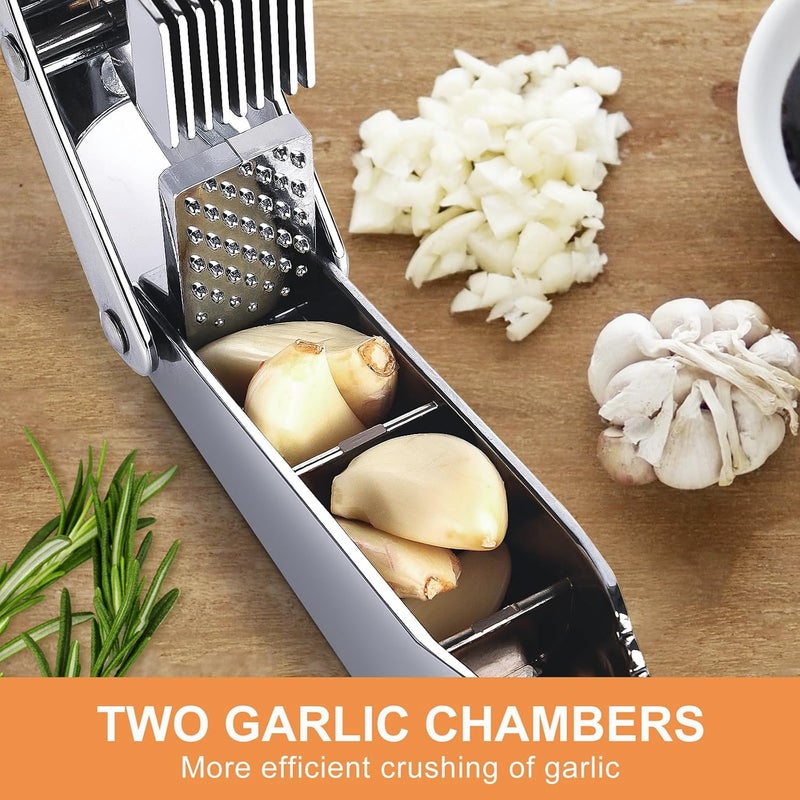 MULIRE Garlic press 2 in 1 Garlic Press Stainless Steel,Effortlessly Crush, Slice, and Mince Garlic,with this Versatile Kitchen Tool - Perfect for Home Cooks and Professional Chefs Alike. (Silvery) - Image 2