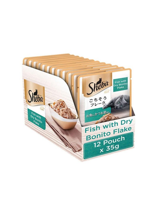 Sheba Rich Premium Adult (1+ Years) Wet Cat Food, Fish With Dry Bonito Flavour, 35 G Pouch (Pack Of 12), High-Moisture Wet Food For Healthy Hydration  - Image 1