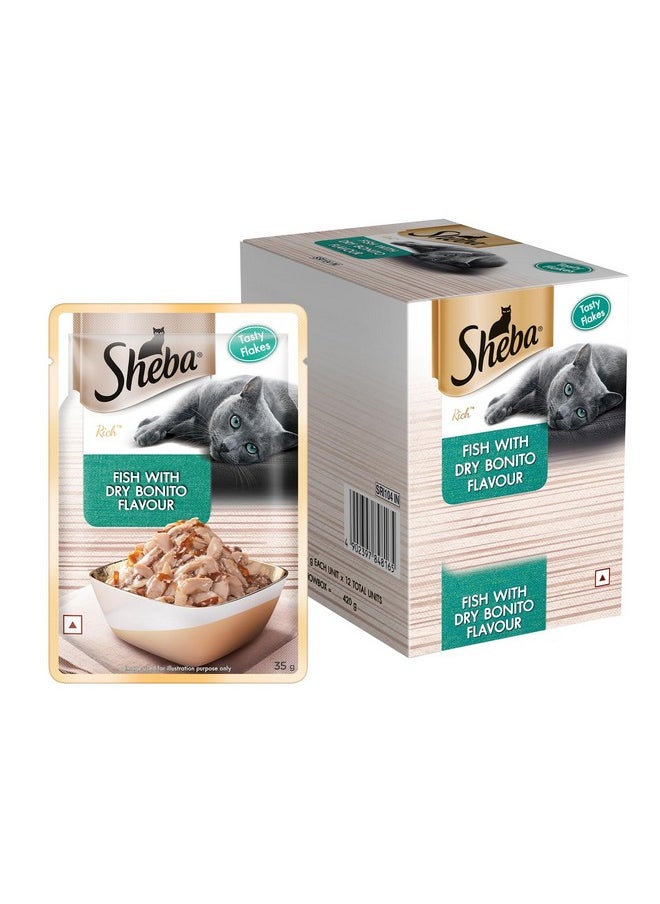 Sheba Rich Premium Adult (1+ Years) Wet Cat Food, Fish With Dry Bonito Flavour, 35 G Pouch (Pack Of 12), High-Moisture Wet Food For Healthy Hydration  - Image 3