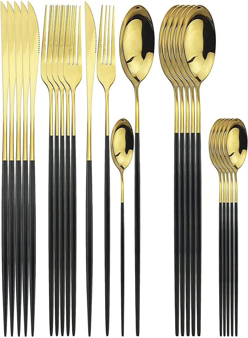 Gold Silverware Set, 24-Piece Stainless Steel Flatware Set Service For 6, Mirror Polished Black Handle Tableware Cutlery Set Knife Fork And Spoon For Home & Restaurant, Dishwasher Safe - Image 1