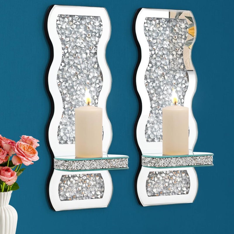 Aeveco Crystal Crush Diamond Mirrored Candle Sconces Silver Wall Candle Holder Set of 2 Wall Decorations for Living RoomDining Room Wave