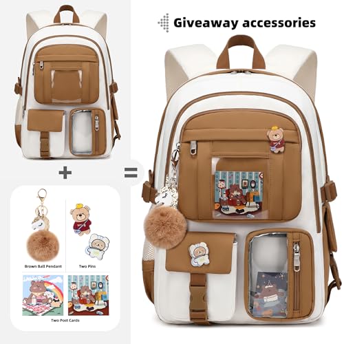LXYGD Backpack for Girls with Accessories Laptop Bookbags 16 Inch Kawaii Kids Elementary Middle High School Bag College Travel Daypack Gifts for Teens Women Students (Beige Khaki) - Image 3
