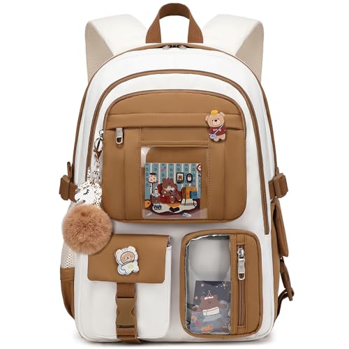 LXYGD Backpack for Girls with Accessories Laptop Bookbags 16 Inch Kawaii Kids Elementary Middle High School Bag College Travel Daypack Gifts for Teens Women Students (Beige Khaki) - Image 1