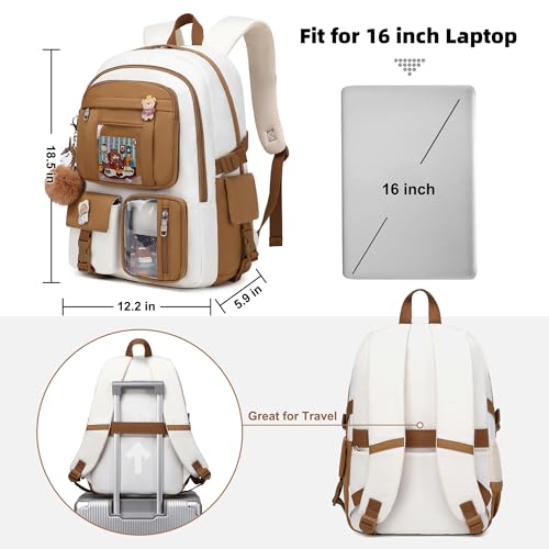 LXYGD Backpack for Girls with Accessories Laptop Bookbags 16 Inch Kawaii Kids Elementary Middle High School Bag College Travel Daypack Gifts for Teens Women Students (Beige Khaki) - Image 5