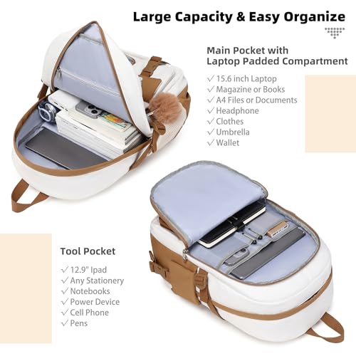 LXYGD Backpack for Girls with Accessories Laptop Bookbags 16 Inch Kawaii Kids Elementary Middle High School Bag College Travel Daypack Gifts for Teens Women Students (Beige Khaki) - Image 2