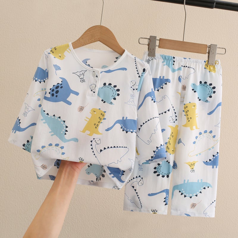 Kids Pajama Set Cotton Breathable Sleepwear White dinosaur 