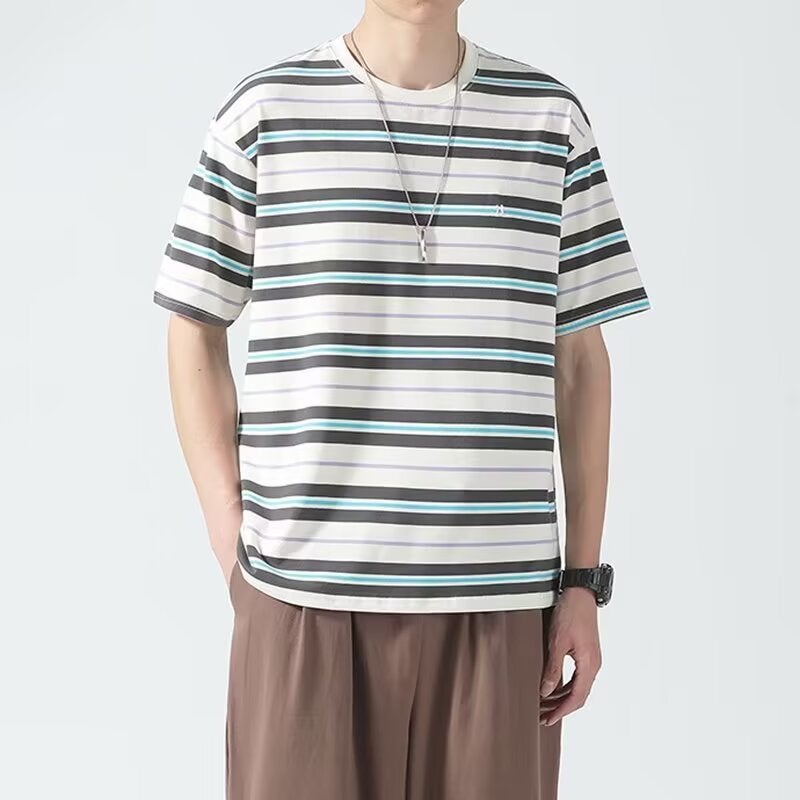 Trendy Youth Japanese Street Style Striped Embroidered Short-Sleeve T-Shirt For Men, Summer Ins Loose New Versatile Casual Tee - Image 1