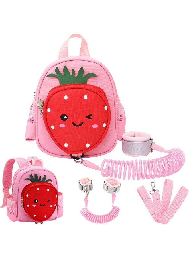 Accmor Toddler Backpack with Leash, 4 in 1 Kids Mini Backpacks with Anti Lost Wrist Link, Cute Child Harness Bag Rein for Outdoor, Strawberry Back Pack Rope Tether for Baby Girls Aged 1-3 Years (Pink) - Image 1