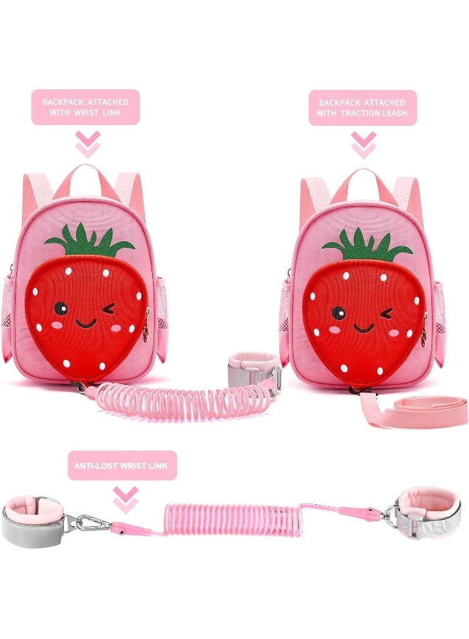 Accmor Toddler Backpack with Leash, 4 in 1 Kids Mini Backpacks with Anti Lost Wrist Link, Cute Child Harness Bag Rein for Outdoor, Strawberry Back Pack Rope Tether for Baby Girls Aged 1-3 Years (Pink) - Image 3
