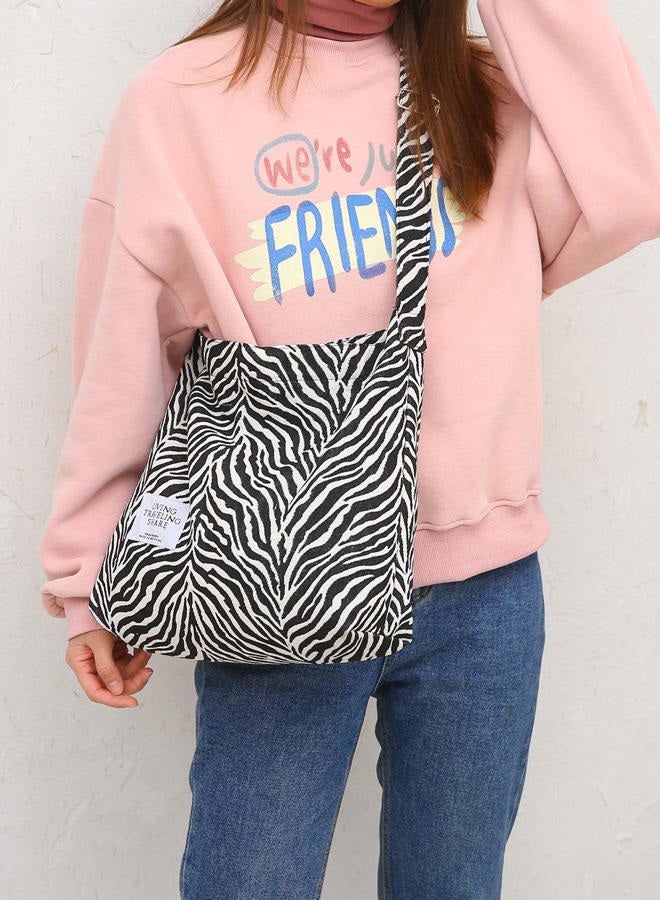 Covelin Women's Retro Large Size Canvas Shoulder Bag Hobo Crossbody Handbag Casual Tote Zebra White - Image 3