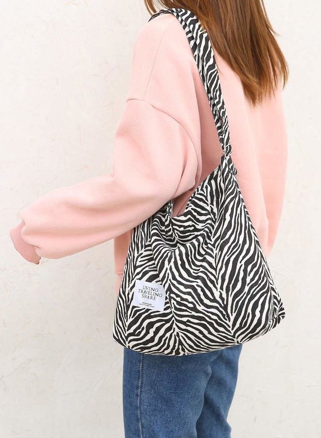 Covelin Women's Retro Large Size Canvas Shoulder Bag Hobo Crossbody Handbag Casual Tote Zebra White - Image 2