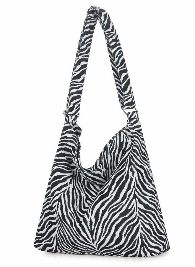 Covelin Women's Retro Large Size Canvas Shoulder Bag Hobo Crossbody Handbag Casual Tote Zebra White - Image 4