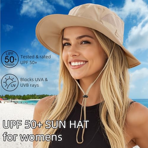 Connectyle Womens Outdoor Mesh Boonie Sun Hat Summer Wide Brim UV Protection Fishing Hat Safari Cap Khaki - Image 2